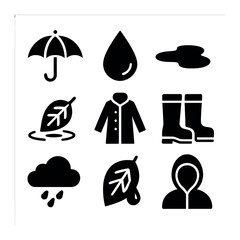 Rainy Autumn Icons. Solid, filled icons set of rainy autumn: umbrella, raindrop, puddle, leaf floating, coat,