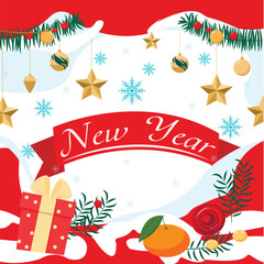 New Year pattern, Christmas decorations, snowflakes, stars, gift boxes, tangerines and candies.
