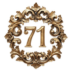 Golden Numeral Seventy-One Within Ornate Filigree Frame On Transparent Black Background