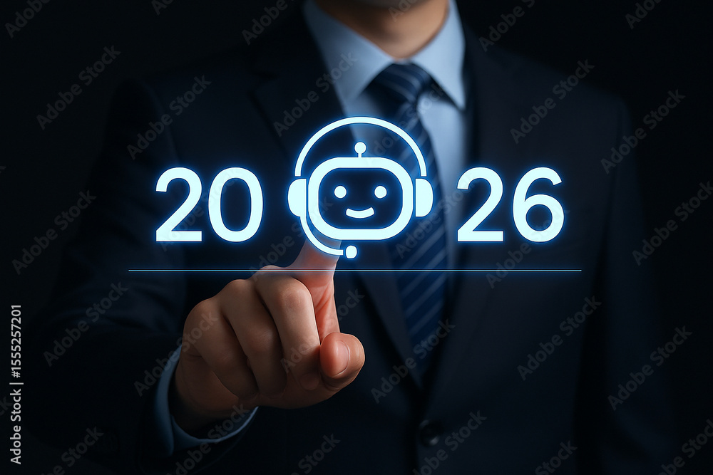 Aufkleber a man in a suit touching a glowing icon of a chatbot with the year twenty twenty six next to it