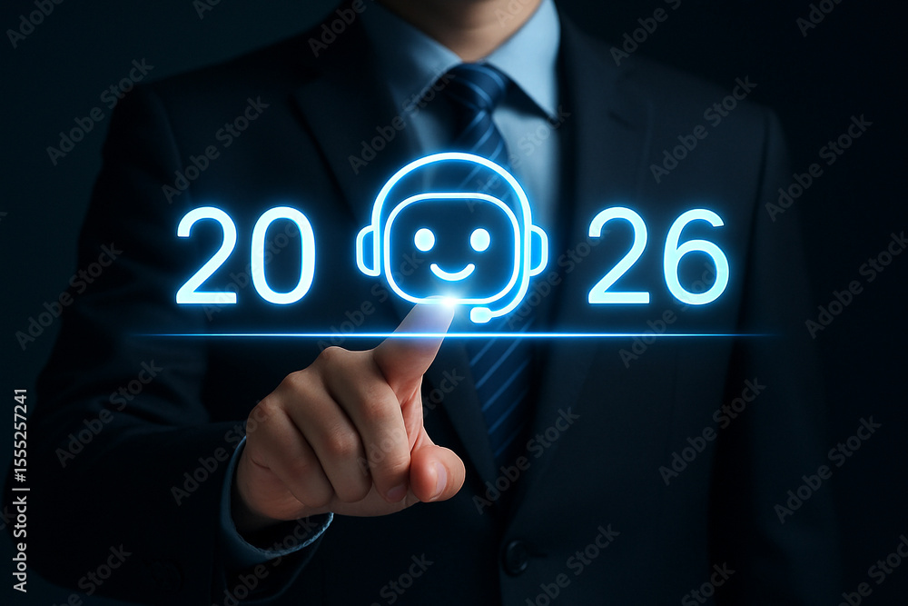 Poster a person in a suit touching a glowing icon of a chatbot with the numbers twenty twenty six around it