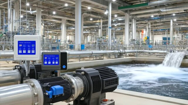 Industrial wastewater pumps in action, steel pipes carrying sewage through the treatment plant, with sensor panels and flow meters providing data for system efficiency.