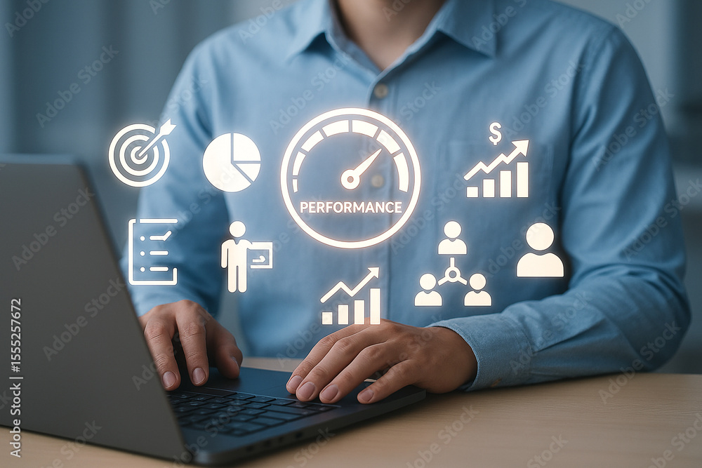 Poster person using laptop with performance dashboard icons overlayed on the image in a bright style