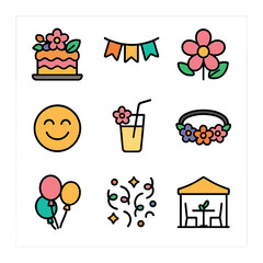 Spring Celebration Icons. Solid, filled icons set of springtime celebration: floral cake, colorful garland,