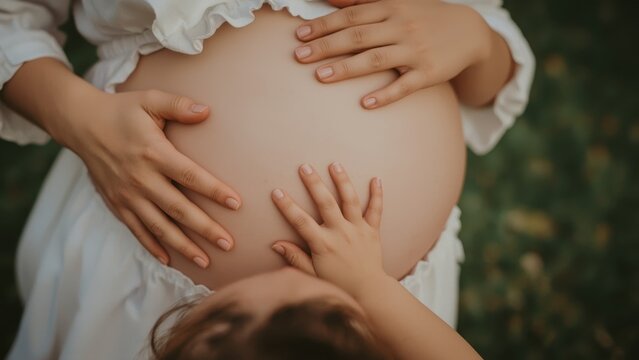 Pregnant woman in white dress holding belly with child hands touching bump gently, maternity love concept for family, motherhood, baby shower, natural outdoor background with soft focus - Powered by Adobe