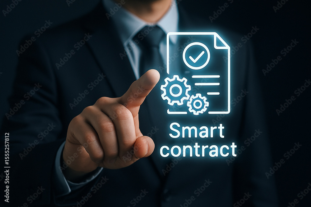 Poster man in suit pointing at glowing smart contract icon with checkmark and gears on a dark background