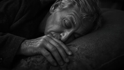 Elderly woman sleeping peacefully on pillow, resting quietly indoors, calm evening mood, monochrome black and white, cozy and serene atmosphere, relaxation, elderly care, health and wellness