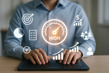 Person typing on a laptop surrounded by business performance related glowing icons and speedometer