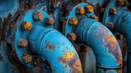 Large aged rusty dirty blue or gray industry iron or metal pipelines tubes taking out waste or pollution through the ground soil.