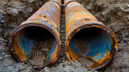 Large aged rusty dirty blue or gray industry iron or metal pipelines tubes taking out waste or pollution through the ground soil.
