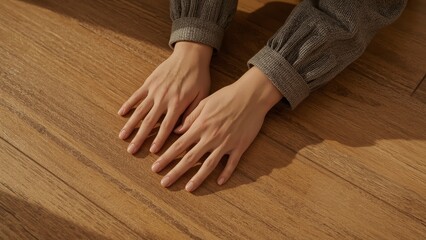 Close-up of hands with smooth skin resting on natural wooden floor in warm sunlight, cozy indoor setting, casual sleeves, relaxed mood, detailed texture, natural colors, soft shadows, peaceful atmosp