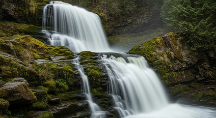Obraz premium Serene Waterfall Cascading Down Mossy Rocks in Lush Forest
