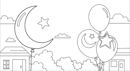 Cartoon crescent moon and star balloons floating above houses and clouds isolated on transparent background
