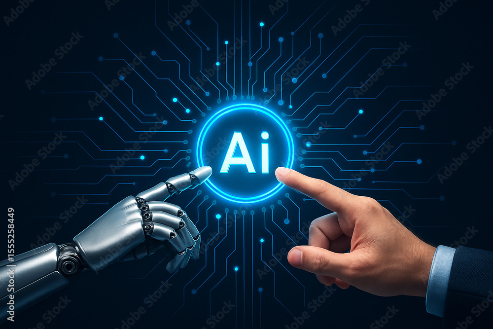 Poster human and robot hands touching ai button on a futuristic circuit board background design concept