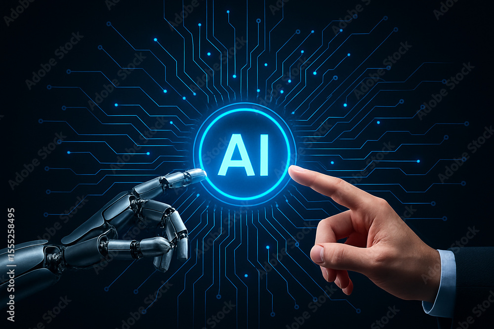 Poster human and robot hands interacting with a glowing ai interface on a dark circuit board background