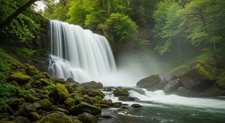 Fototapeta premium Majestic Waterfall Cascading Through Lush Green Forest Serene Nature Photography