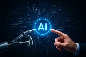 Human and robot hands interacting with a glowing ai interface on a dark circuit board background