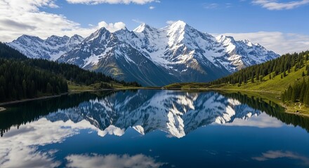 Naklejka premium Majestic Mountain Range Reflected in a Serene Lake Breathtaking Alpine Scenery