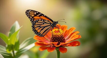 Fototapeta premium Monarch Butterfly on Zinnia Flower A Stunning Close-Up Photograph of Nature's Beauty