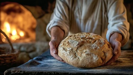 Side angle of a baker removing a single, perfectly risen bread loaf from a stone oven, steam backlit for dramatic effect. Rustic kitchen textures and soft lighting highlight the mo - Powered by Adobe