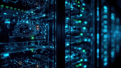 Futuristic computer server room with glowing blue circuit boards and LED lights, high-tech data center environment, digital technology background, modern network infrastructure design