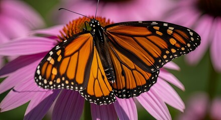 Fototapeta premium Majestic Monarch Butterfly on Vibrant Purple Coneflower A Stunning Close-Up Nature Photograph