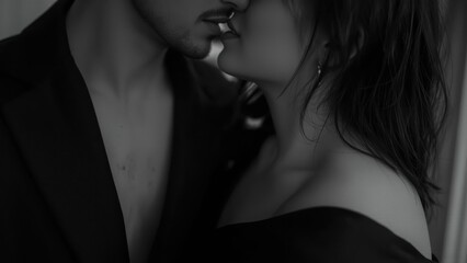 Obraz premium Romantic couple close embrace black and white photo intimate mood soft lighting sensual love passion connection affection monochrome elegance tender moment