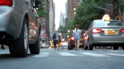 Urban street scene at dusk, with blurred pedestrian traffic and cars