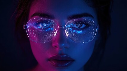 Young woman with glowing blue LED glasses, creative technology style, futuristic portrait for digital marketing, nightlife, cyberpunk background, vibrant neon lights, modern tech vibe
