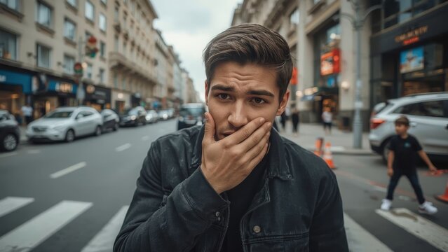 Young man with dark hair and jacket covering mouth with hand, surprised expression on city street, urban lifestyle, candid moment, daytime, diverse pedestrians, blurred background, casual scene, emot