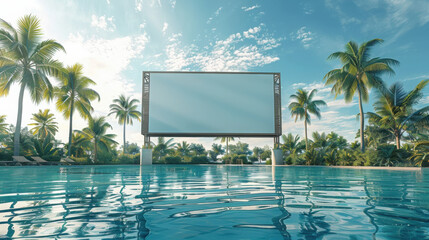 Large wide horizontal white blank billboard sign for advertisements on the edge of swimming pool, tropical environment. Business poster commercial board outdoors, marketing frame mockup.