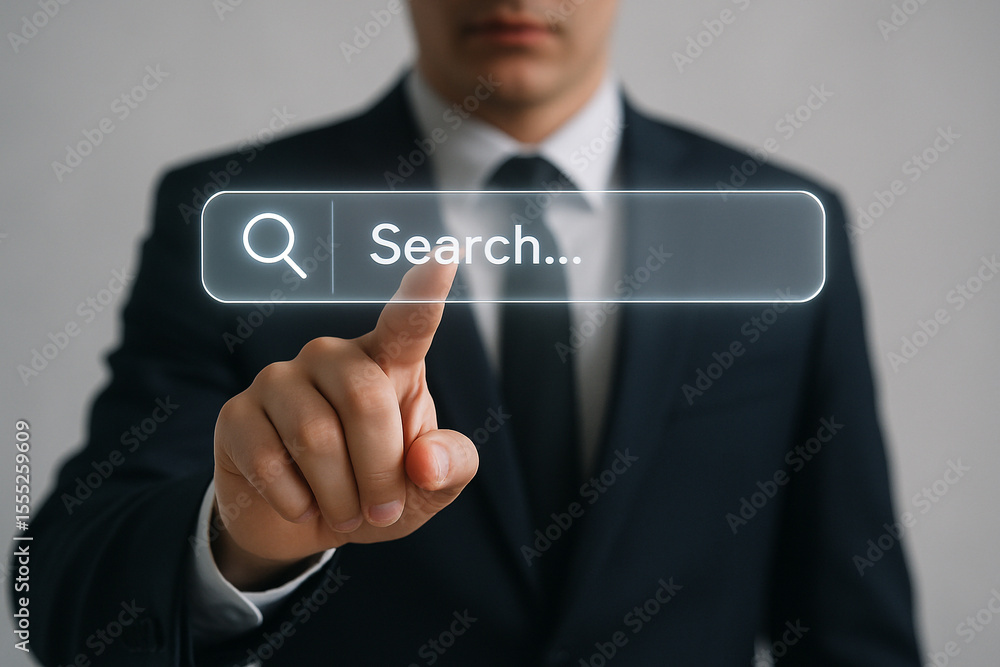 Poster man in suit pointing at search bar with magnifying glass icon and search text in the bar on screen