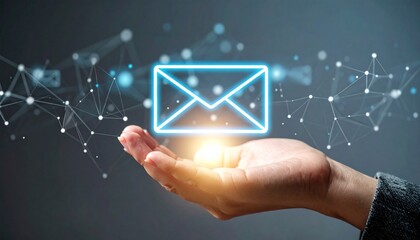 Glowing translucent email icon over a hand