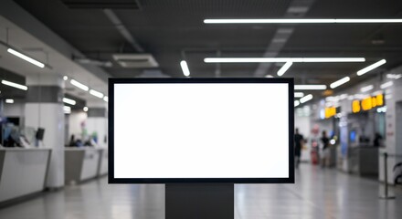 Blank Digital Billboard in Blurred Airport Terminal with Bright White Screen