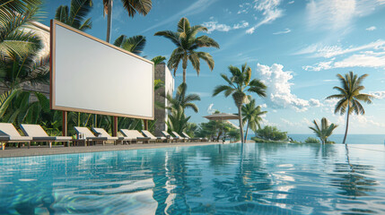 Large wide horizontal white blank billboard sign for advertisements on the edge of swimming pool, tropical environment. Business poster commercial board outdoors, marketing frame mockup.