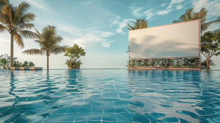 Large wide horizontal white blank billboard sign for advertisements on the edge of swimming pool, tropical environment. Business poster commercial board outdoors, marketing frame mockup.