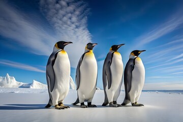 Fototapeta premium Craft a vivid and imaginative scene based on this image of five Emperor Penguins standing together on a vast, snowy expanse beneath a clear blue sky.