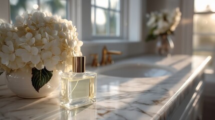 Serene bathroom scene with perfume and flowers