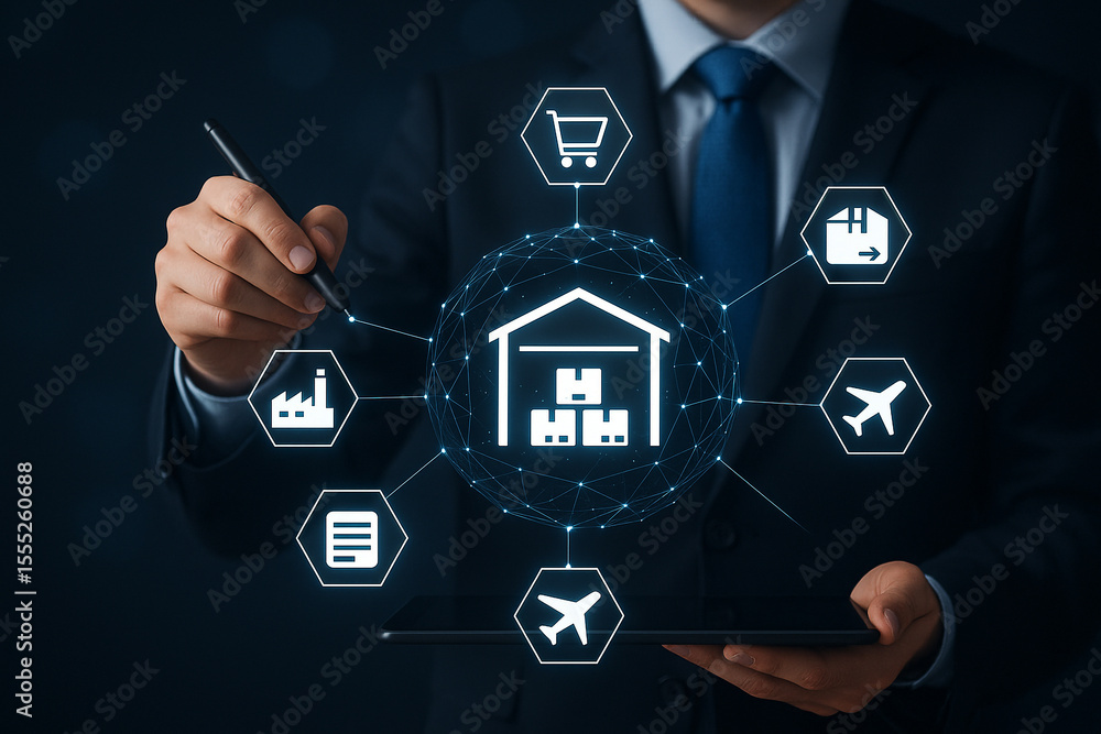 Poster a man in a suit holding a tablet with logistics icons displayed in a digital network interface