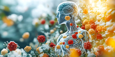 Human anatomy illustration with flowers representing health and growth,transparent body displaying brain and skeleton with floral accents