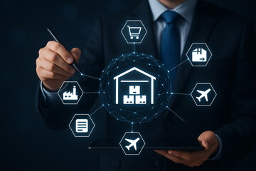 A man in a suit holding a tablet with logistics icons displayed in a digital network interface