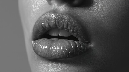 Glossy female lips close-up black white sensual beauty makeup