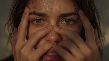 Close-up portrait young woman with hands face warm light brown eyes