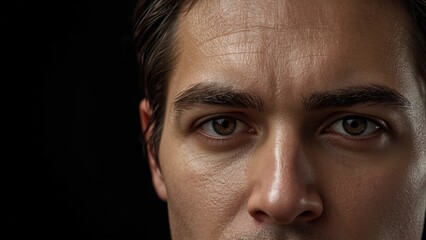 Obraz premium Close-up serious young man face brown eyes black background intense lo
