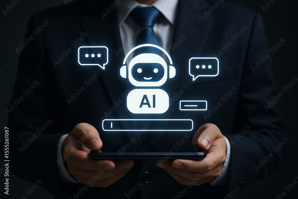 Poster man in suit holding phone with ai chatbot interface and speech bubbles overlayed on the screen displ