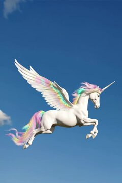 Majestic White Winged Unicorn Flying Through Dreamy Blue Sky with Rainbow Mane and Tail