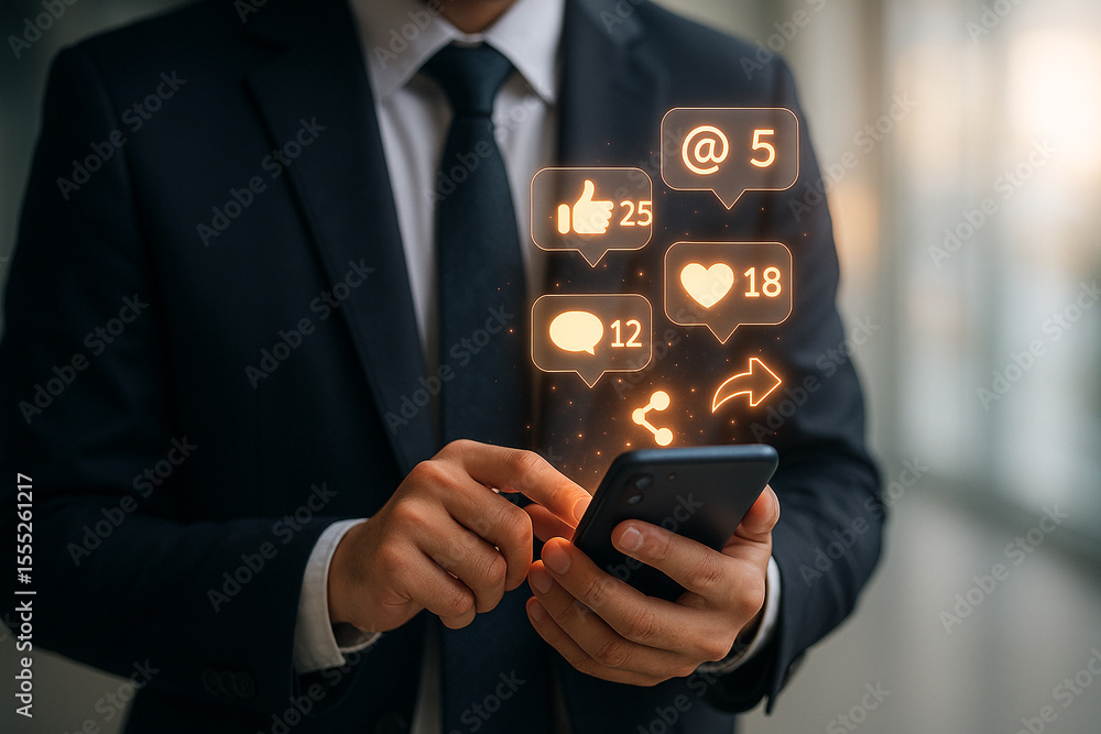 Poster a businessman using a smartphone with social media icons floating above the device interface shown c