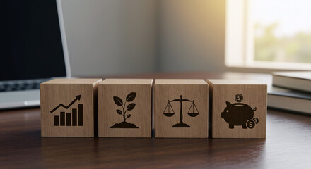 Wooden blocks with icons representing financial growth plant cultivation justice scales and a piggy bank with coins suggesting investment sustainability and wealth management