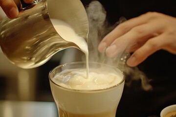 Close-up of a skilled barista pouring creamy steamed milk into a latte. The warm atmosphere of the coffee shop enhances the artistry of coffee preparation