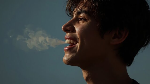 Young man exhaling visible breath in cold air against dark blue background, side profile portrait with natural lighting, winter atmosphere, candid expression, outdoor chill mood